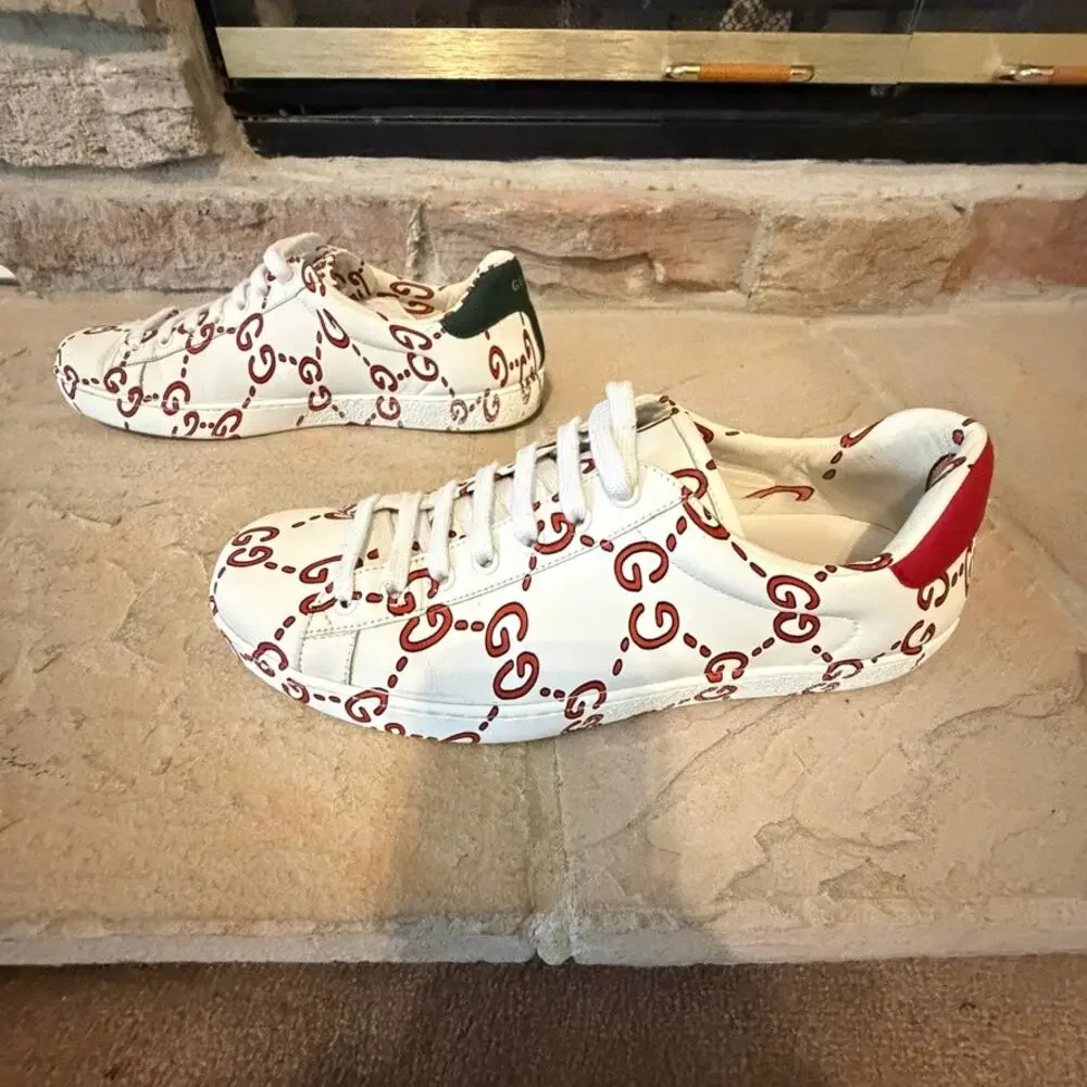 Gucci Ace GG Tennis Print Leather Sneakers White Red Green 8.5 Designer Luxe
